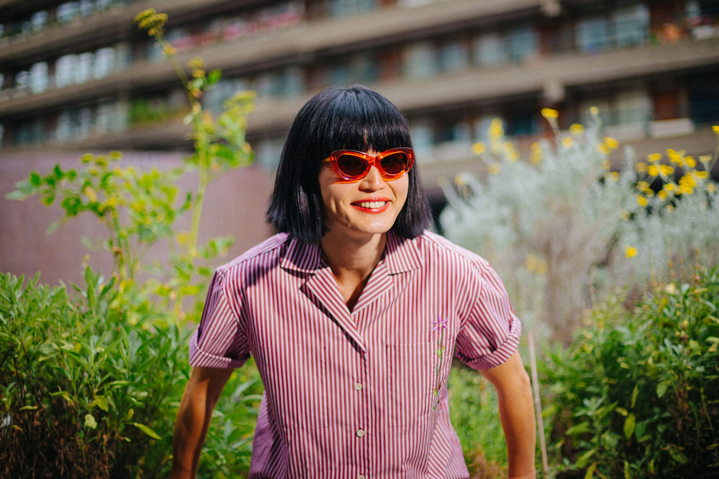 Frances Unisex Cuban Shirt, Berry Red Stripe