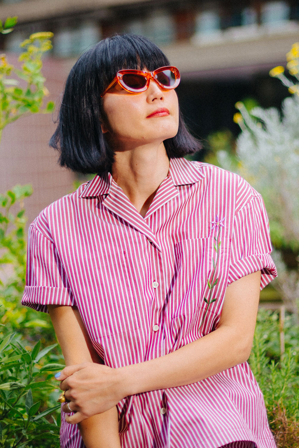 Frances Unisex Cuban Shirt, Berry Red Stripe