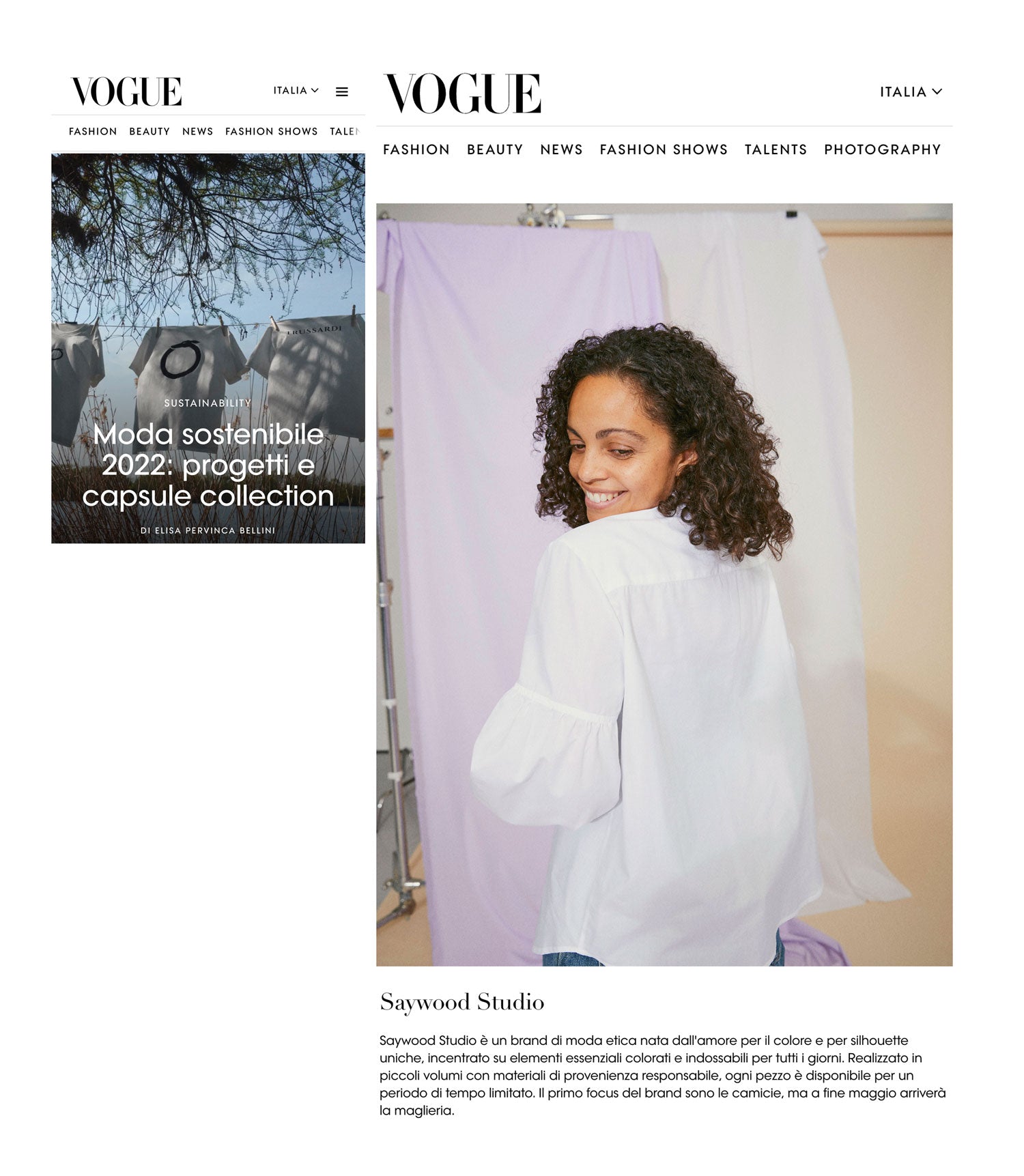 Image shows Saywood's Edi Volume Sleeve Shirt, white, in Vogue Italia's feature on Sustainable Fashion 2022