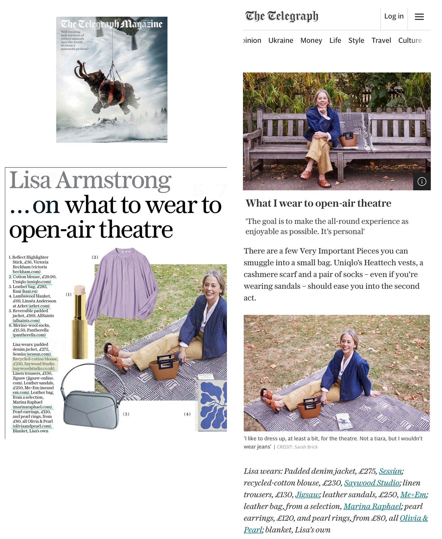 Clippings from The Telegraph article What To Wear To Open-Air Theatre. Lisa Armstrong wears Saywood's Marie Blouse in white recycled cotton