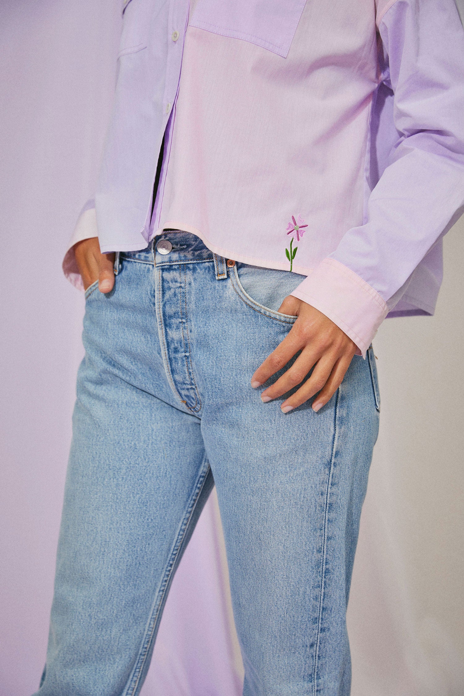 Women's Shirt, Pink lilac colourblock shirt, Jules Utility Shirt Cotton. Embroidered flower at the hem can be seen.