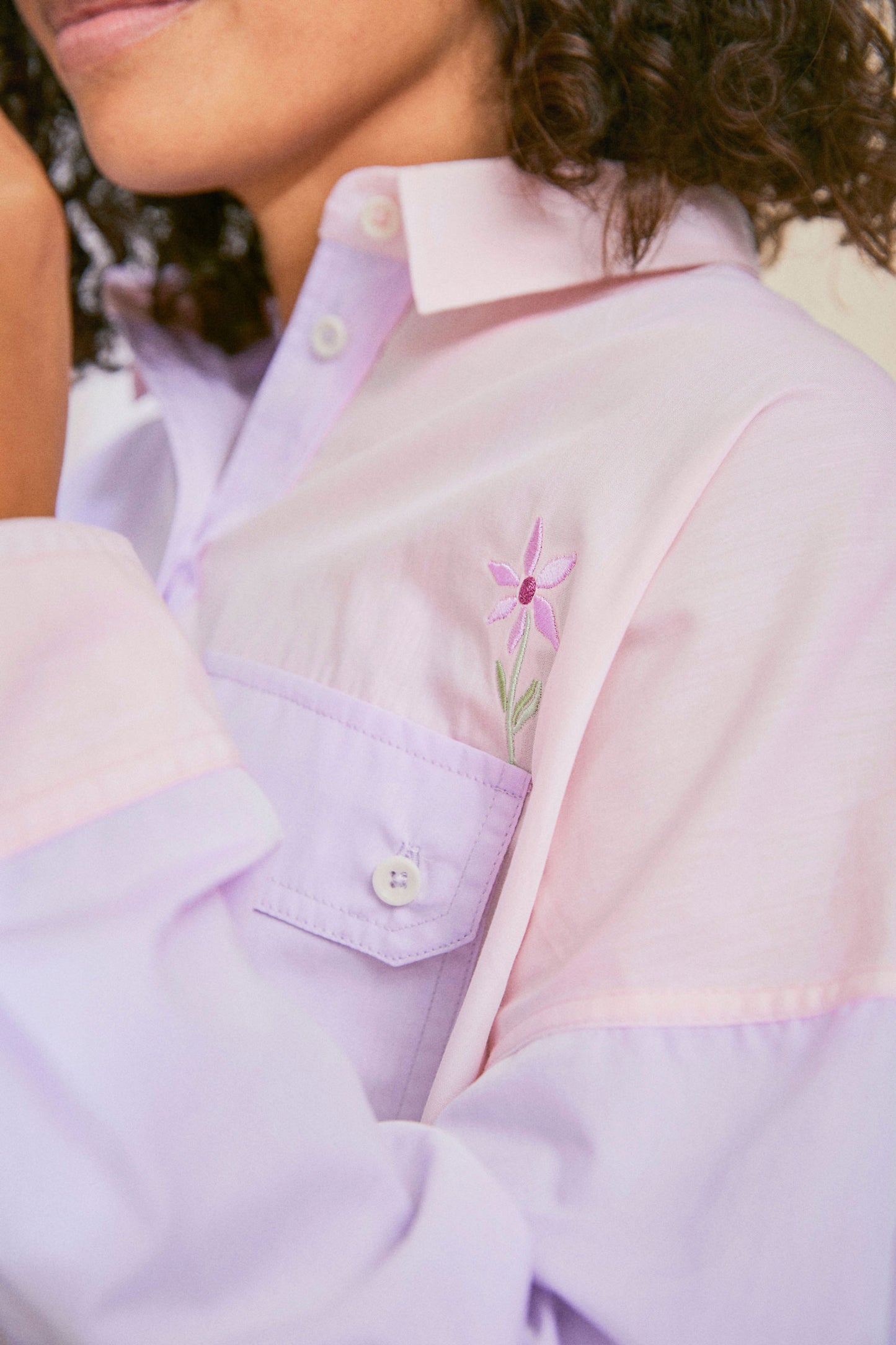 Women's Shirt, Pink lilac colourblock shirt, Jules Utility Shirt Cotton. Embroidered flower close up
