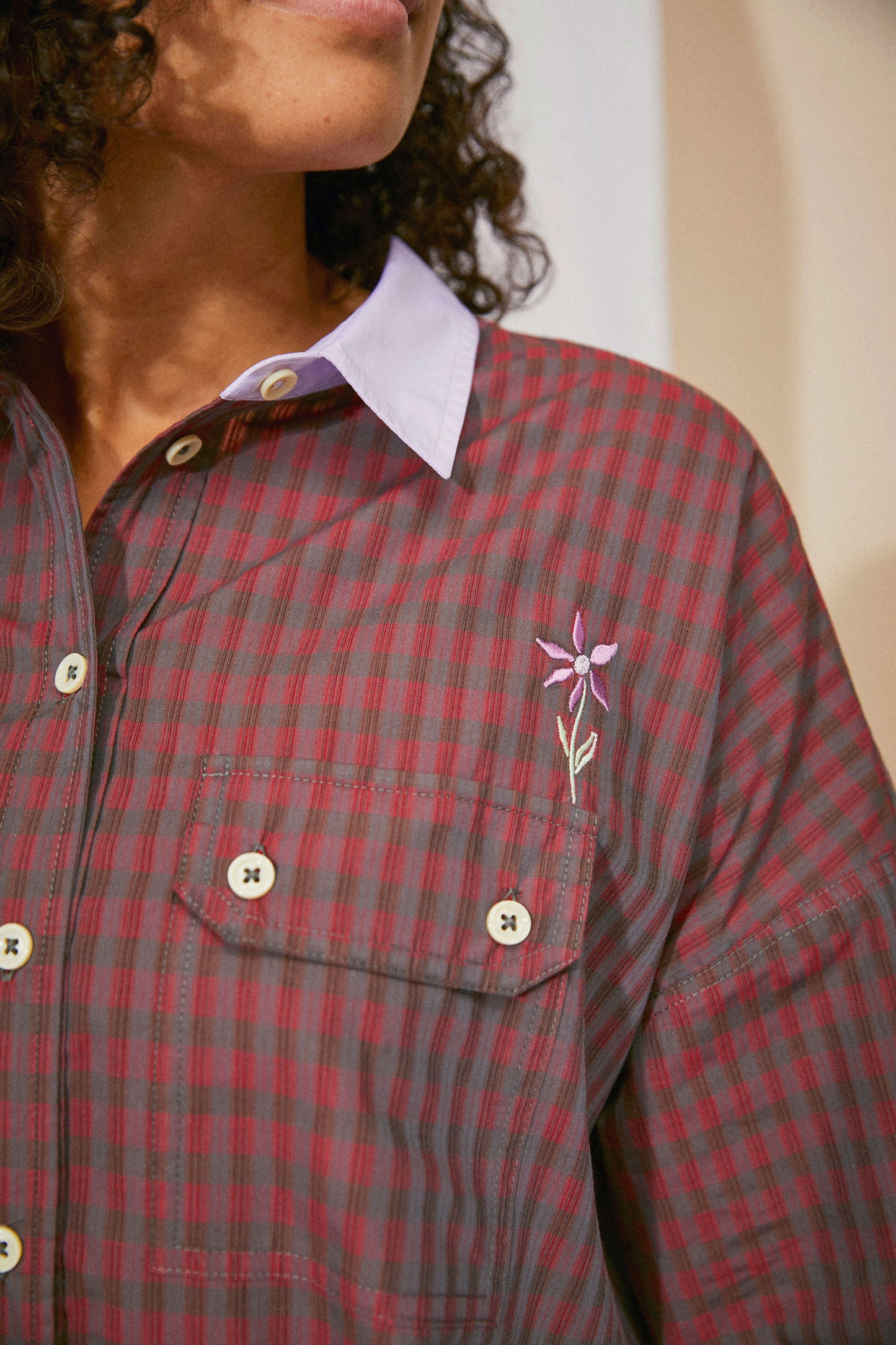 Women's Red Check Shirt, Saywood Studio, Jules Utility Shirt with flower embroidery, Red Check Cotton. Close up of pocket and flower embroidery
