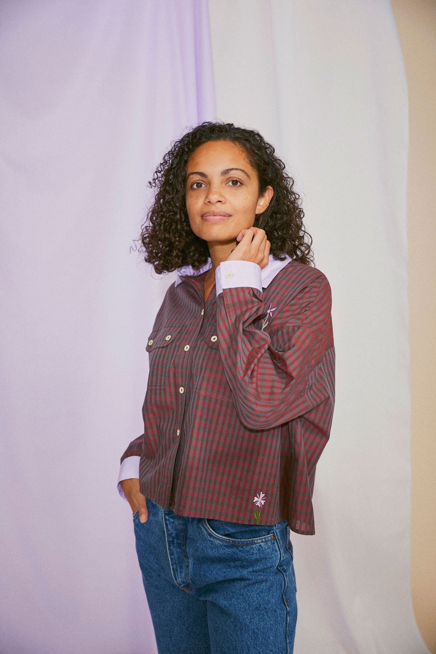 Women's Red Check Shirt, Saywood Studio, Jules Utility Shirt with flower embroidery, Red Check Cotton
