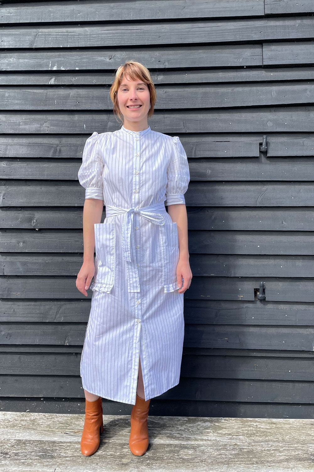 Rosa Puff Sleeve Shirtdress, White Cotton Pinstripe