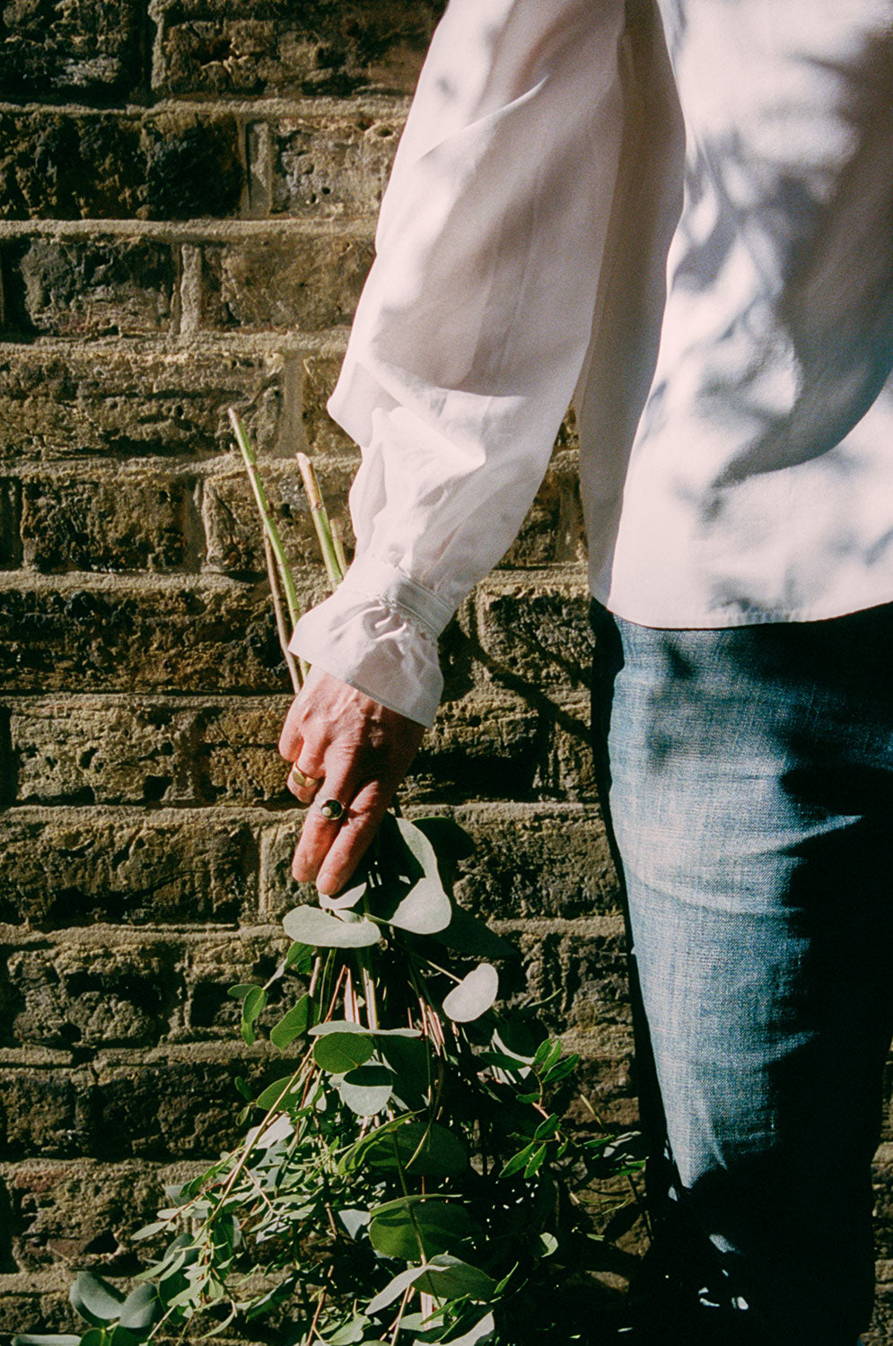 Close up of the arm and body of a woman standing in front of a brick wall, holding a bunch of eucalyptuses. She is wearing rings on her fingers, and jeans, worn with Saywood's white recycled cotton Marie A-line Gathered Neck blouse. the sleeve detail of the gathered cuff and frill with lace trim can be seen. Dappled light and leafy shadows are seen on the blouse.