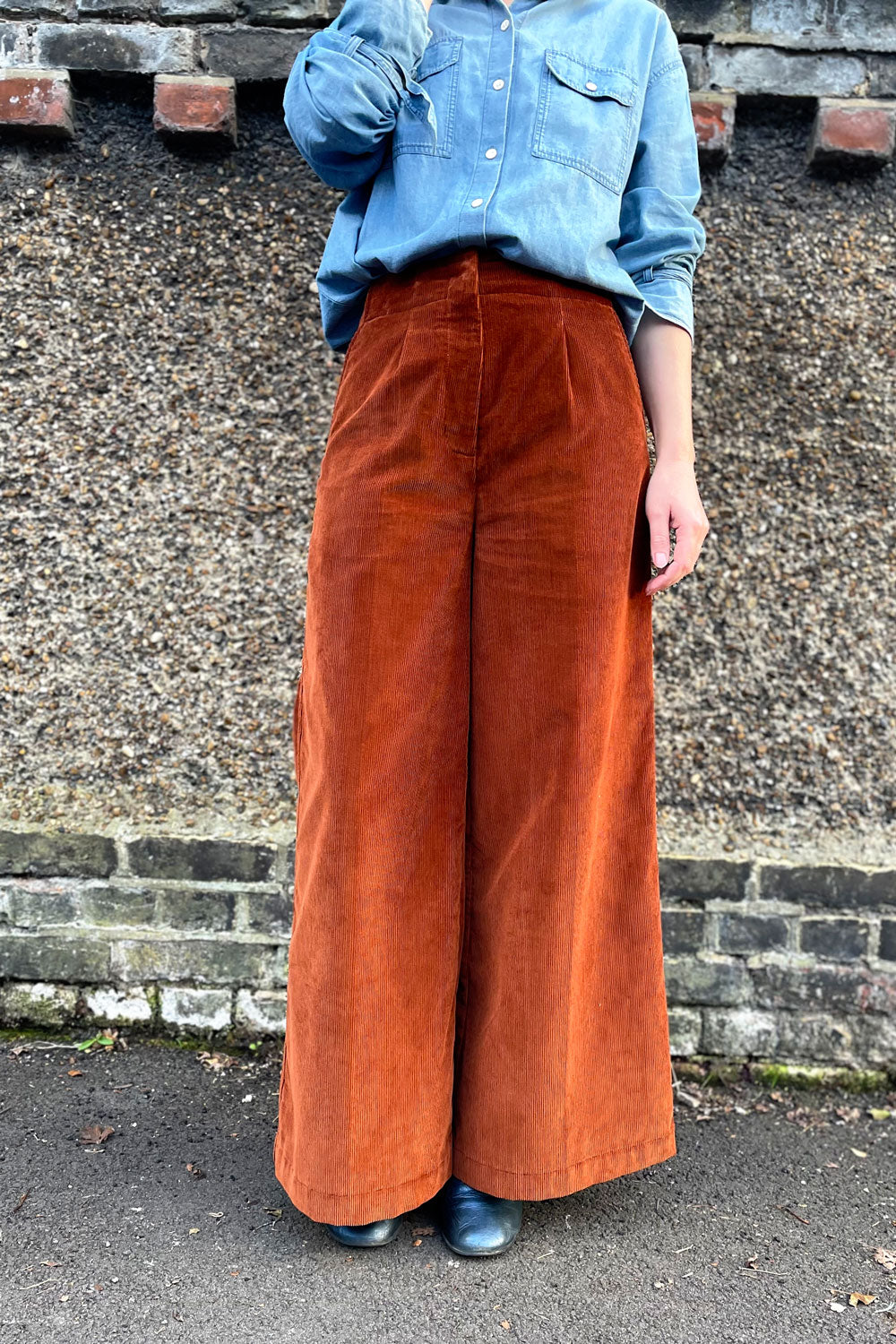 Amelia Full Length Wide Leg Trouser in Caramel Organic Cotton Corduroy