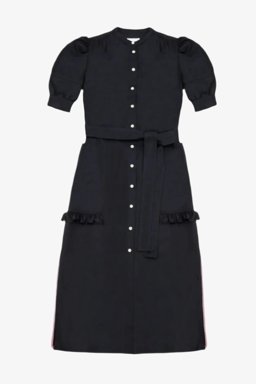 Women's black Japanese denim button through shirtdress, made in the UK, in London. Saywood's Rosa Puff Sleeve Shirtdress, midi length with detachable tie belt around the waist. Pockets with ruffles on the bottom edge and side splits at the hem. Image is a flat shot of the dress on a white background.