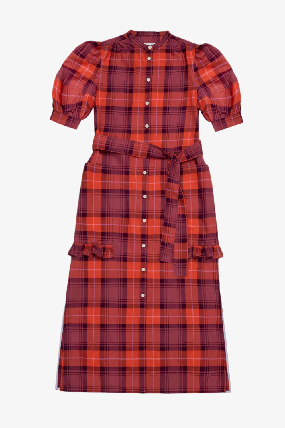 Women's pink red, purple and coral check tartan shirtdress with ruffles on the bottom of the pockets. Saywood's Rosa Puff Sleeve Shirtdress laid flat on a white background with the tie belt tied around the waist.