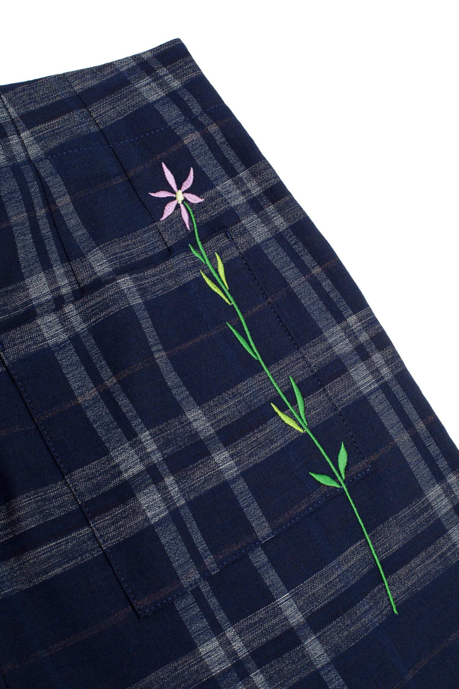 Womens wide leg culotte trouser in navy check. Amelia Wide Leg Trouser by Saywood. Back view of patch pocket and flower embroidery.