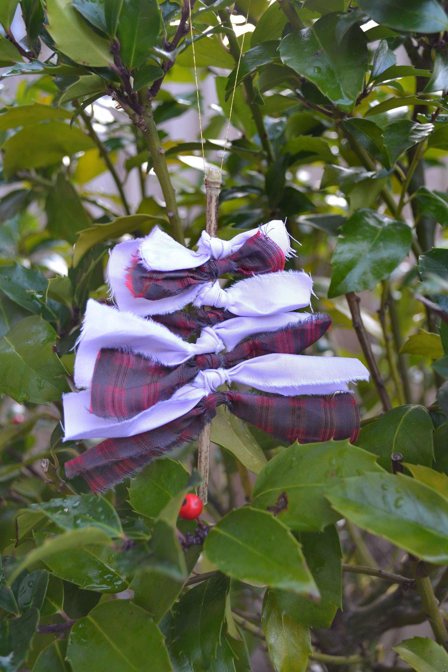 Christmas Tree decorations. Red check and lilac fabric Christmas tree with bamboo stem, handmade by Saywood. Sustainable Christmas Decoration.