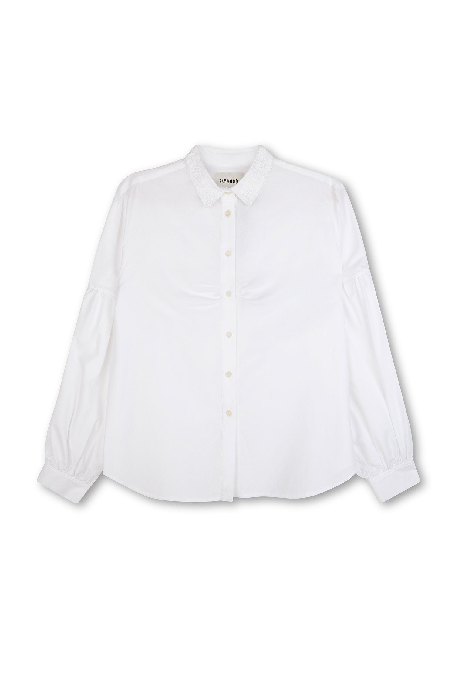 Womens white shirt with lace collar and volume sleeves, with soft gathering at the bust. Shirt is on a white background