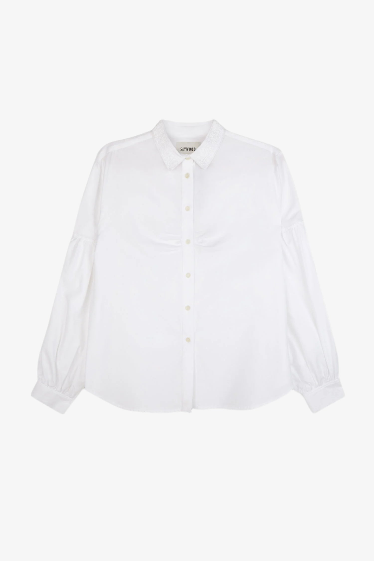 Womens white shirt with lace collar and volume sleeves, with soft gathering at the bust. Shirt is on a white background