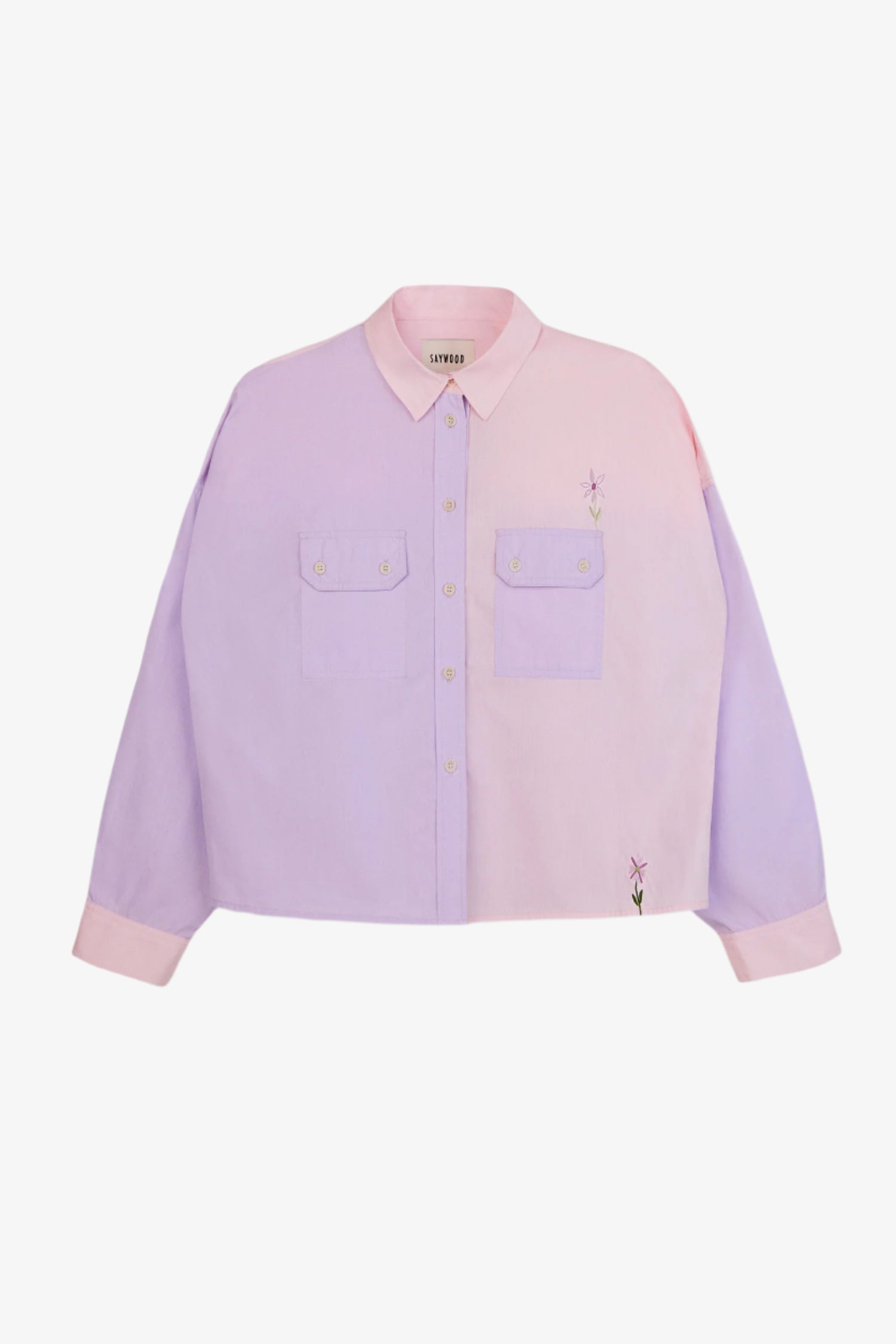 Colourblocked pink and lilac shirt with a boxy silhouette. Jules Shirt from Saywood with embroidered flower detail and utility style pockets.