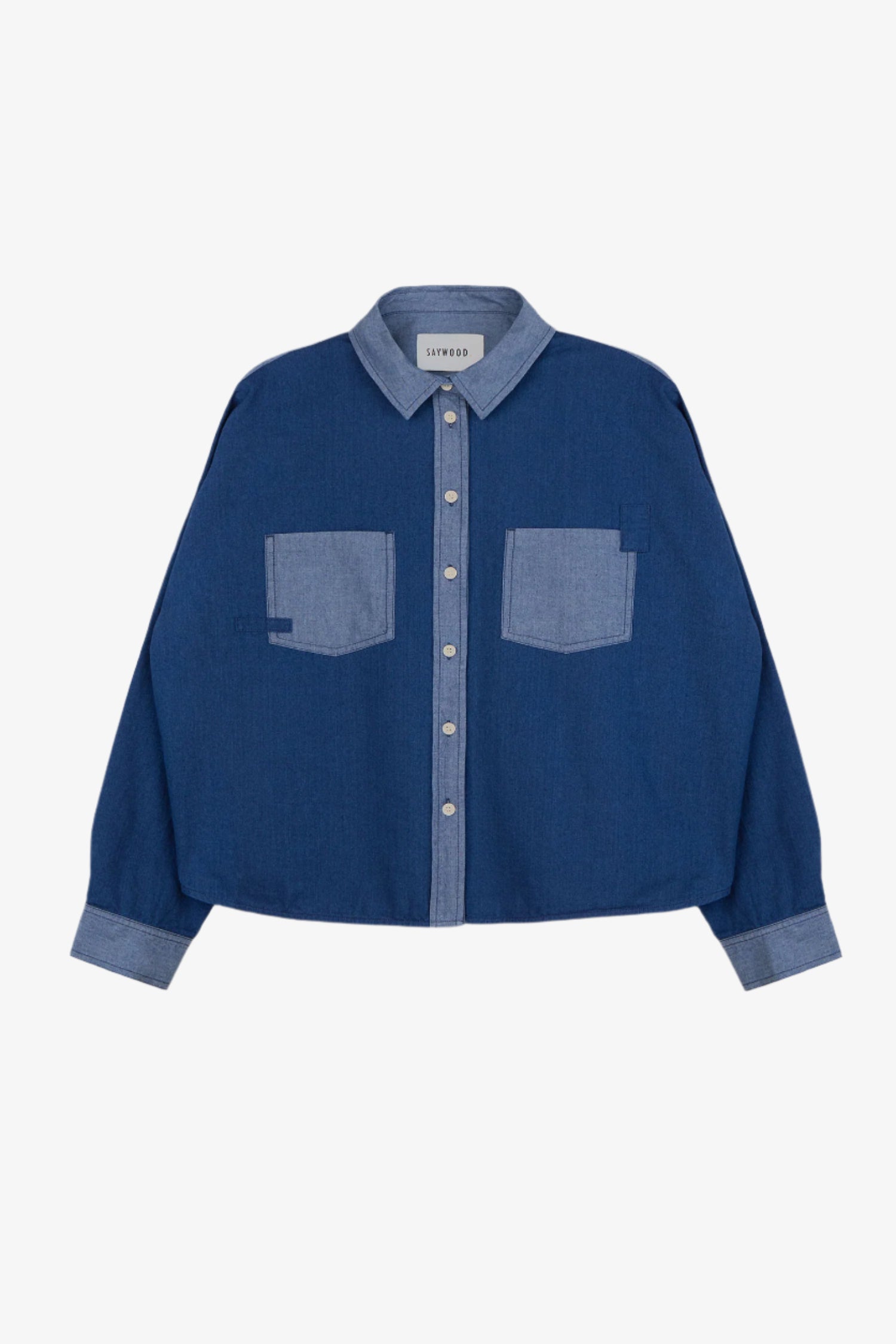 Womens Denim Shirt, boxy shirt in Japanese denim with lighter wash contrast collar, placket, cuffs and pockets. The Lela Shirt by Saywood.