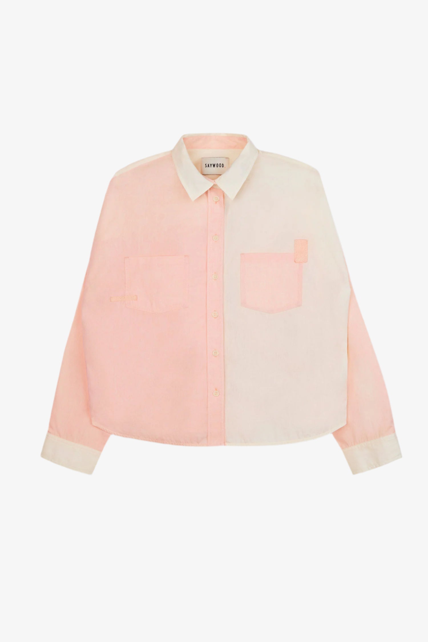 Womens patchwork colourblocked pastel shirt in orange and lemon, the Lela Shirt by Saywood. Boxy silhouette with patch pockets.