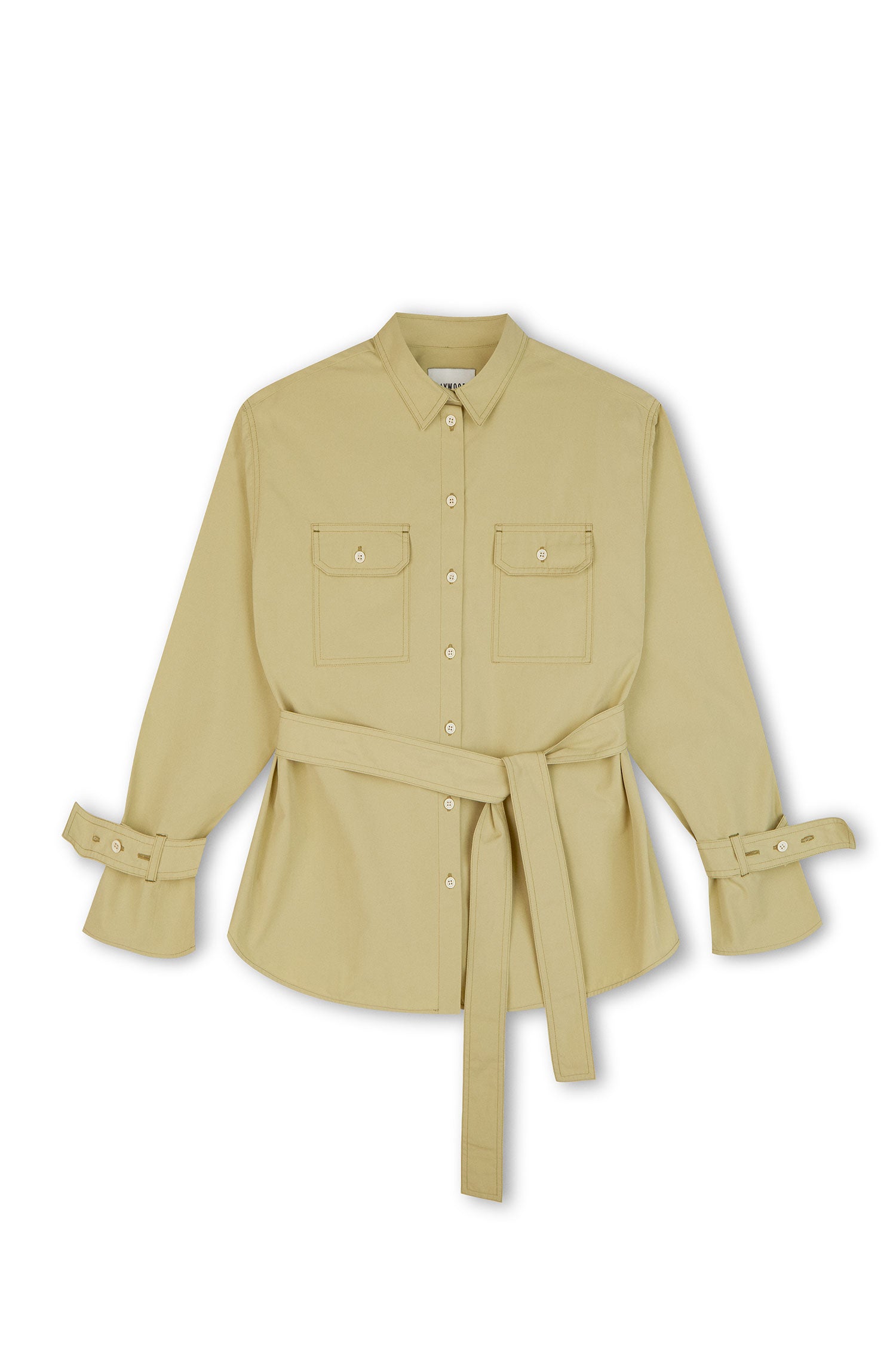 Womens Oversized Shirt in khaki olive, with detachable tie belt and safari styling details. Belted cuffs for sleeve details and utility patch pockets. Zadie Boyfriend Shirt by Saywood