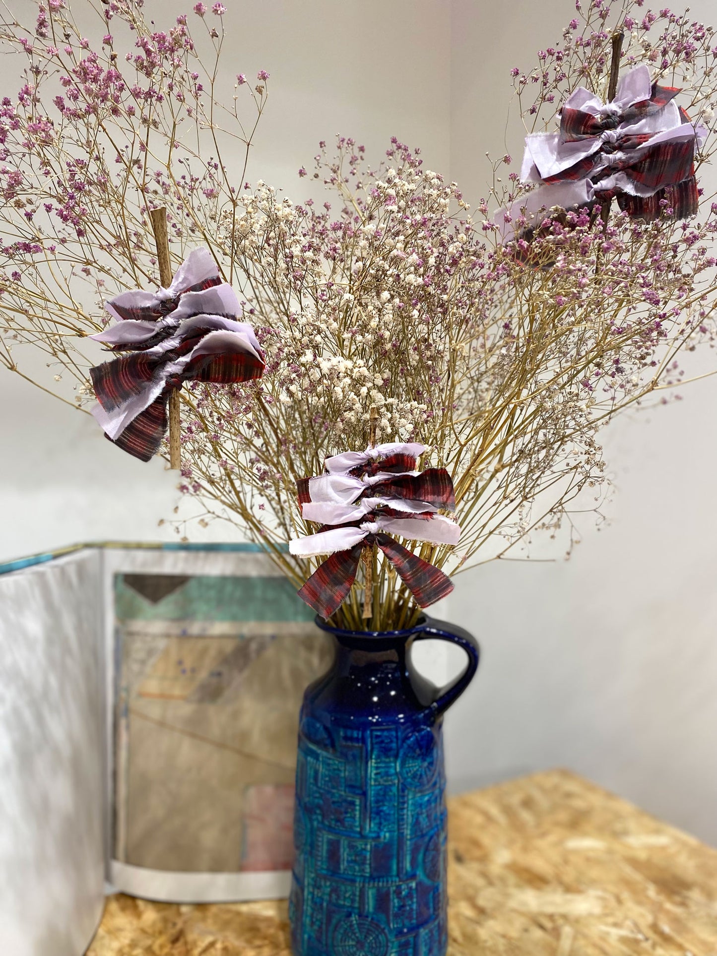 Christmas Tree decorations. Red check and lilac fabric Christmas tree with bamboo stem, handmade by Saywood. Sustainable Christmas Decoration.