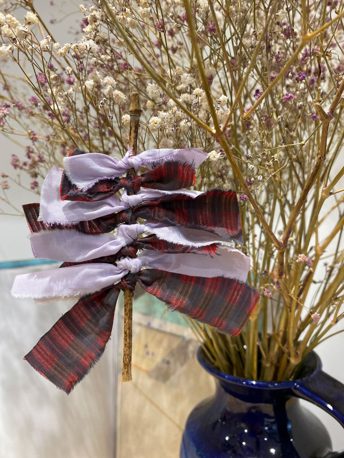 Christmas Tree decorations. Red check and lilac fabric Christmas tree with bamboo stem, handmade by Saywood. Sustainable Christmas Decoration.