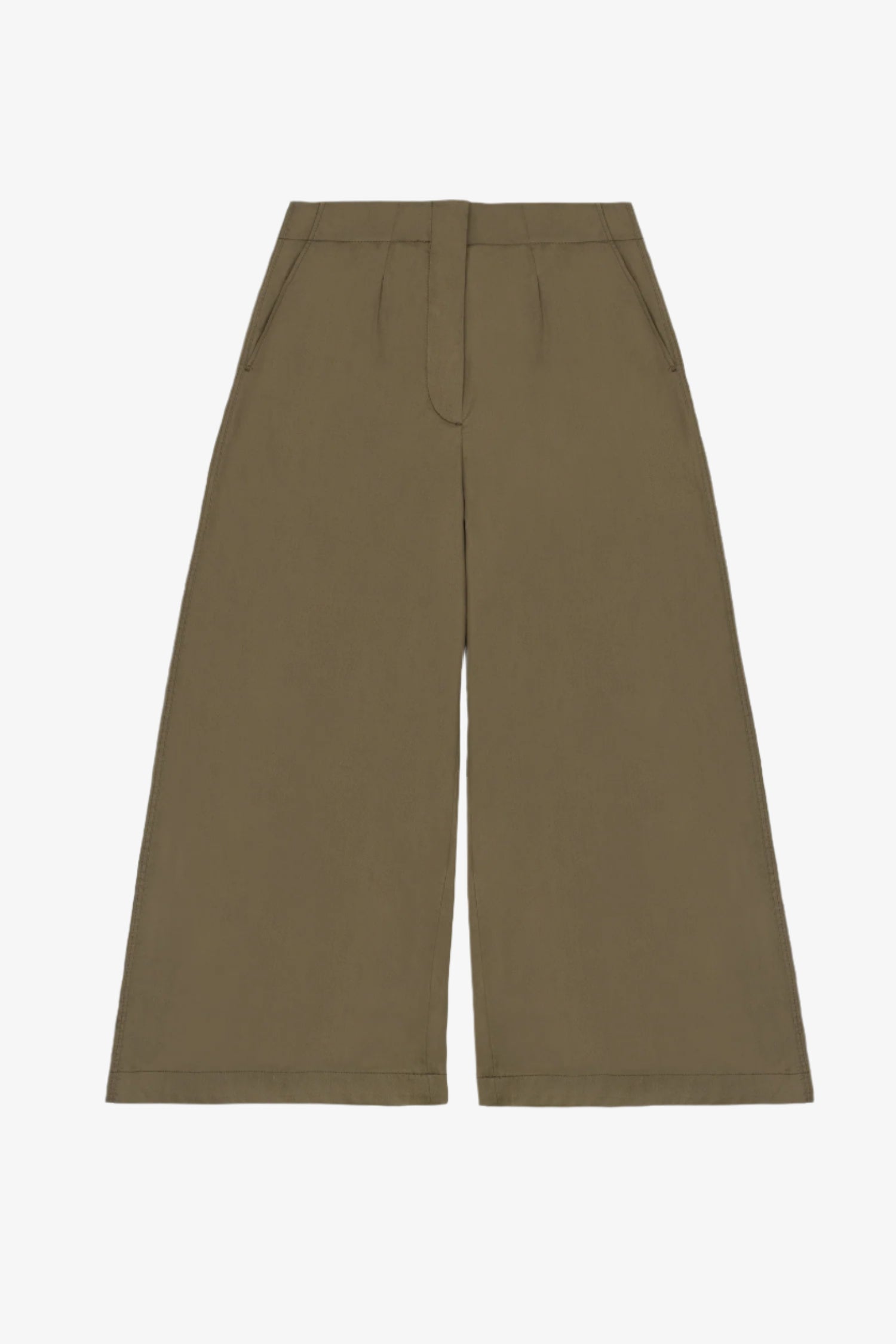 Womens wide leg culotte trouser in khaki cotton. Amelia Wide Leg Trouser by Saywood.