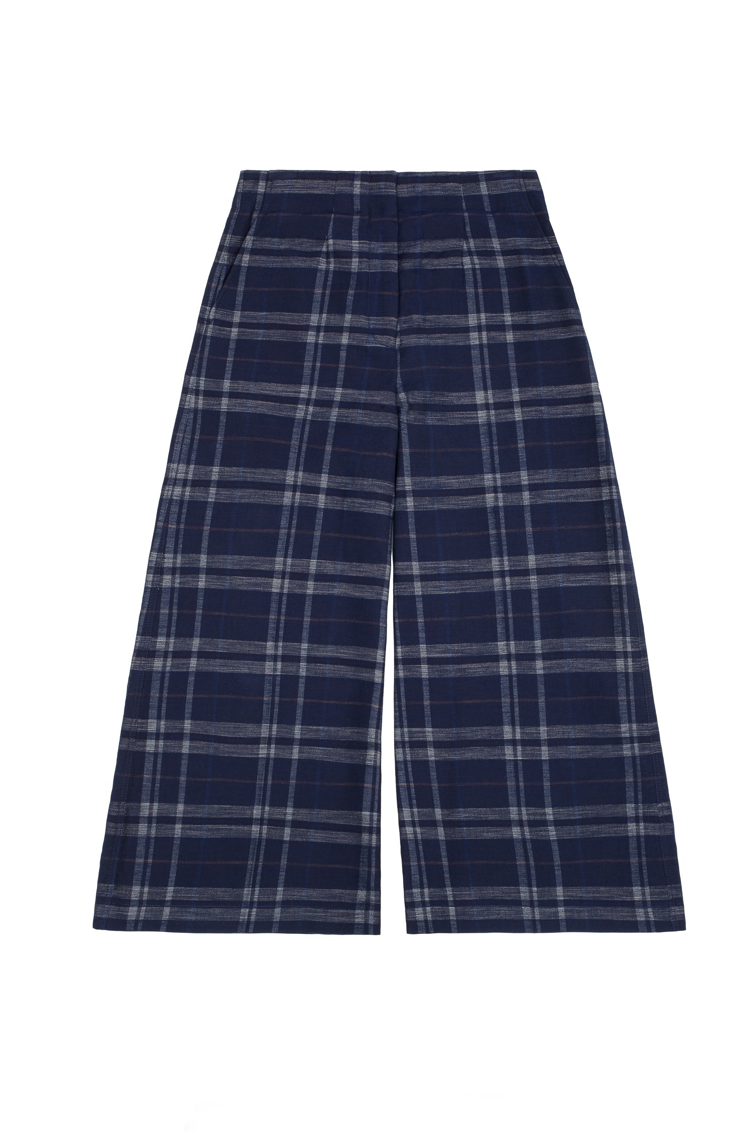 Womens wide leg culotte trouser in navy check. Amelia Wide Leg Trouser by Saywood.