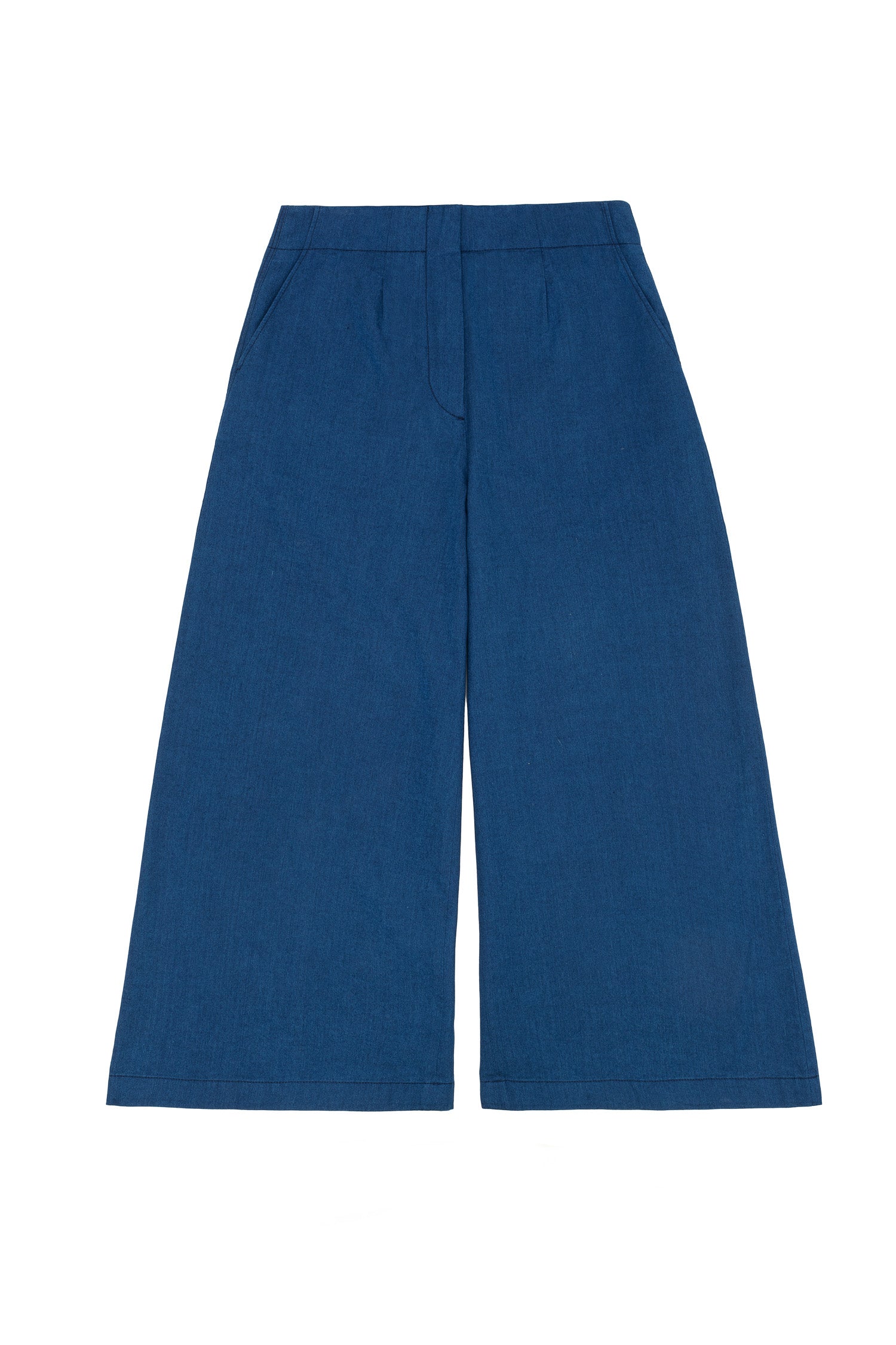 Womens wide leg culotte trouser in Japanese Denim. Amelia Wide Leg Trouser by Saywood. Natural indigo, cotton.