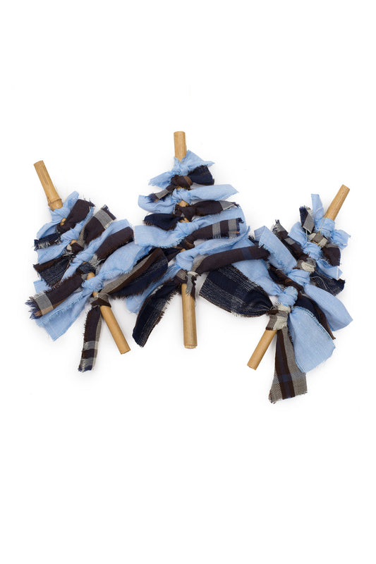 Christmas Tree decorations. Navy check and pale blue recycled cotton fabric Christmas tree with bamboo stem, handmade by Saywood. Sustainable Christmas Decoration.