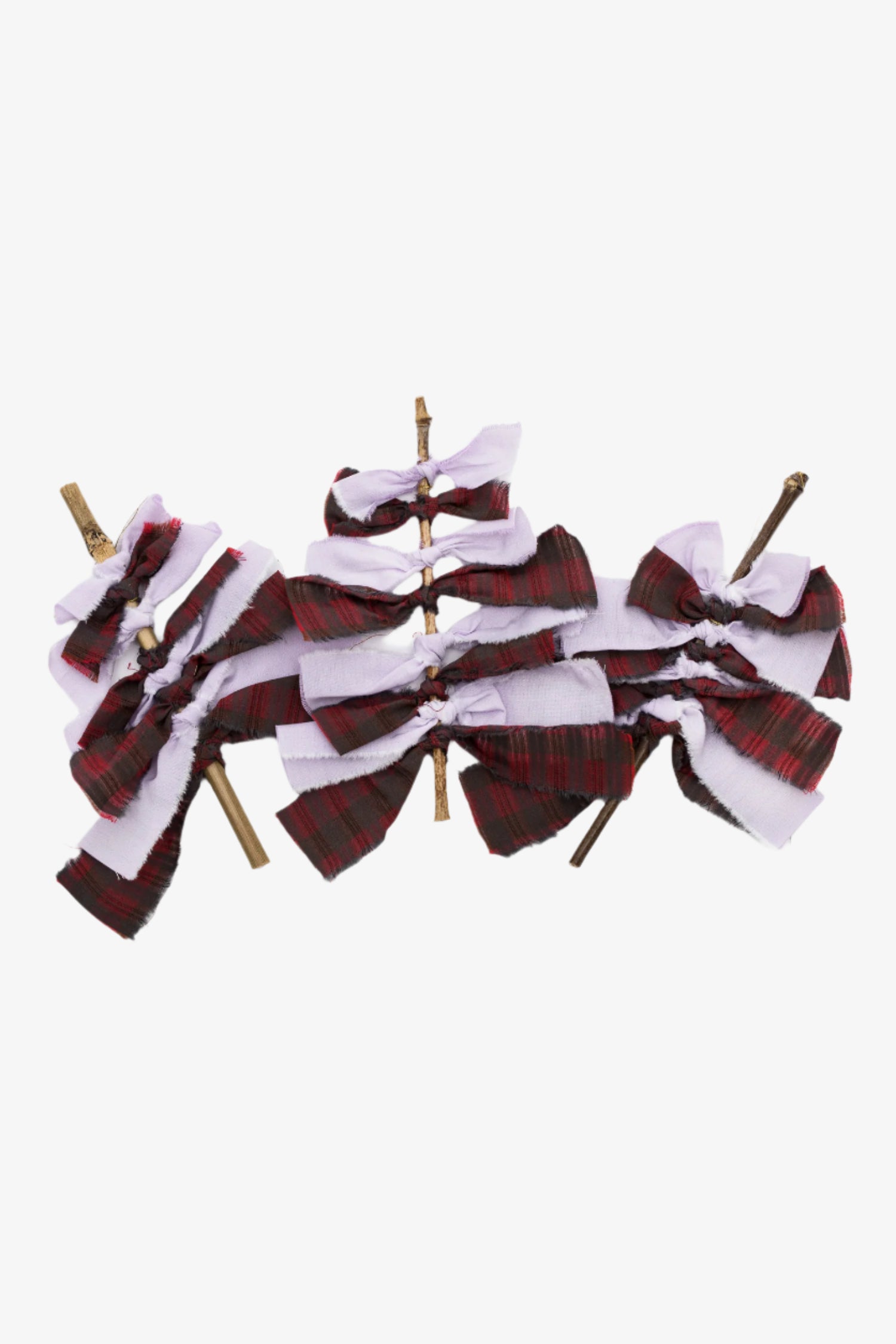 Christmas Tree decorations. Red check and lilac fabric Christmas tree with bamboo stem, handmade by Saywood. Sustainable Christmas Decoration.