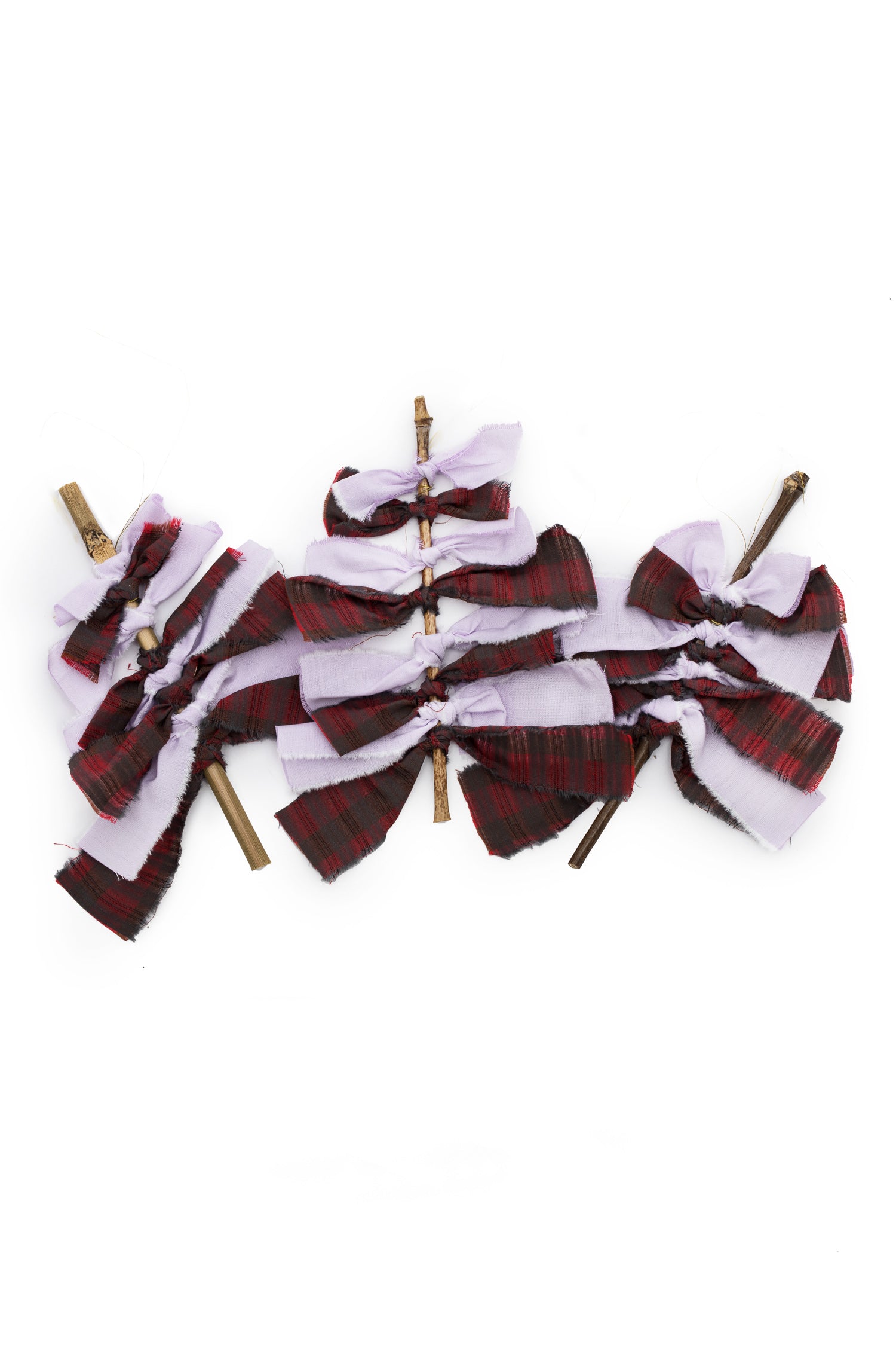 Christmas Tree decorations. Red check and lilac fabric Christmas tree with bamboo stem, handmade by Saywood. Sustainable Christmas Decoration.