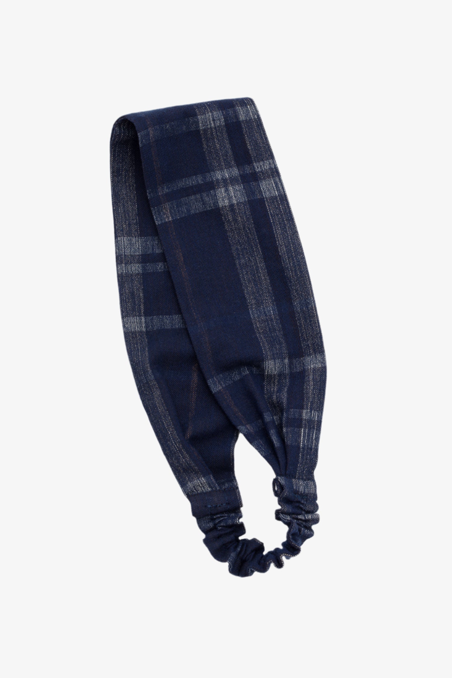 Navy plaid headband on a white background