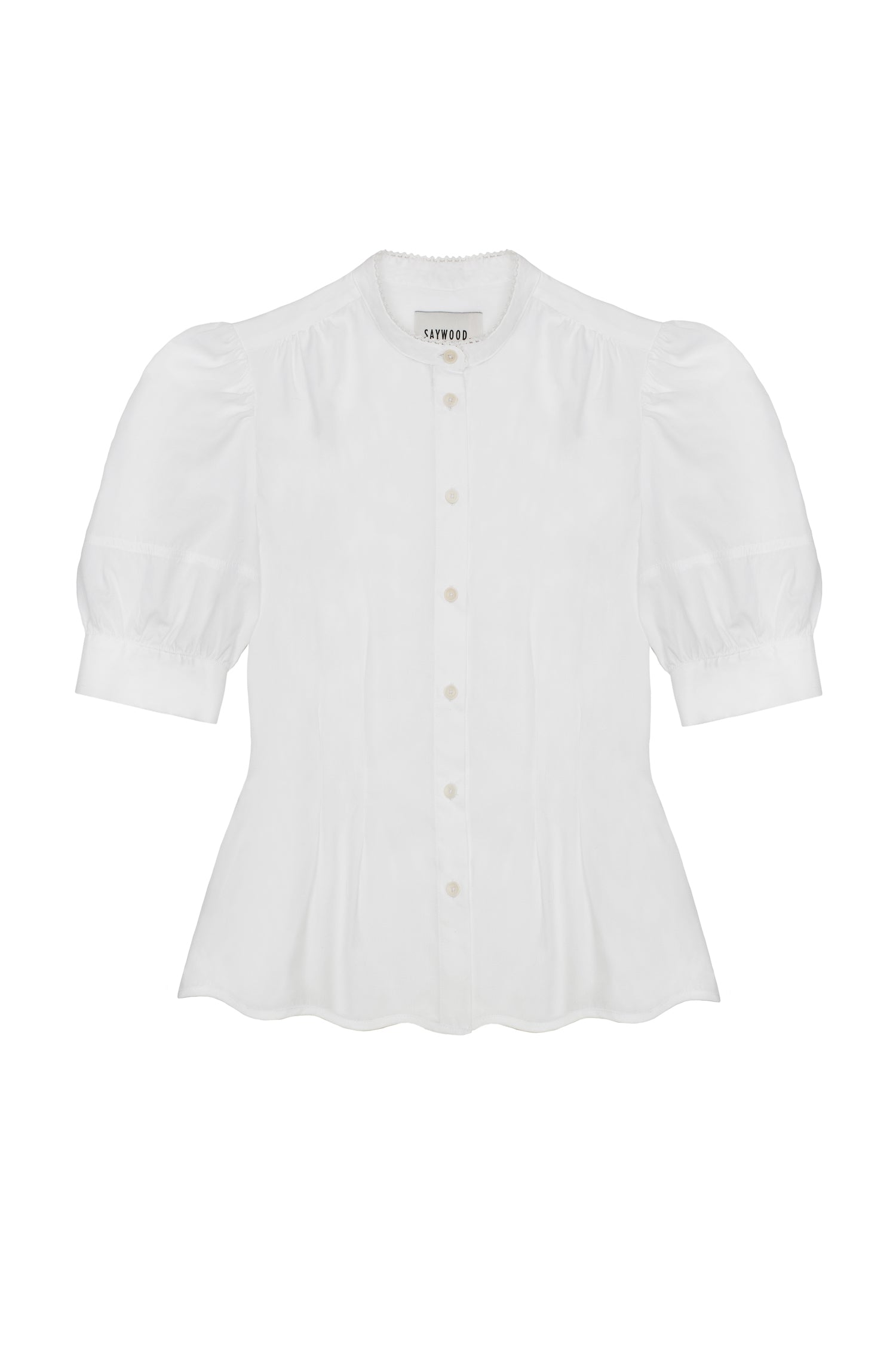 Womens white puff sleeve blouse. Scalloped hem and soft darts at the waist. Lace trim on grandad collar.