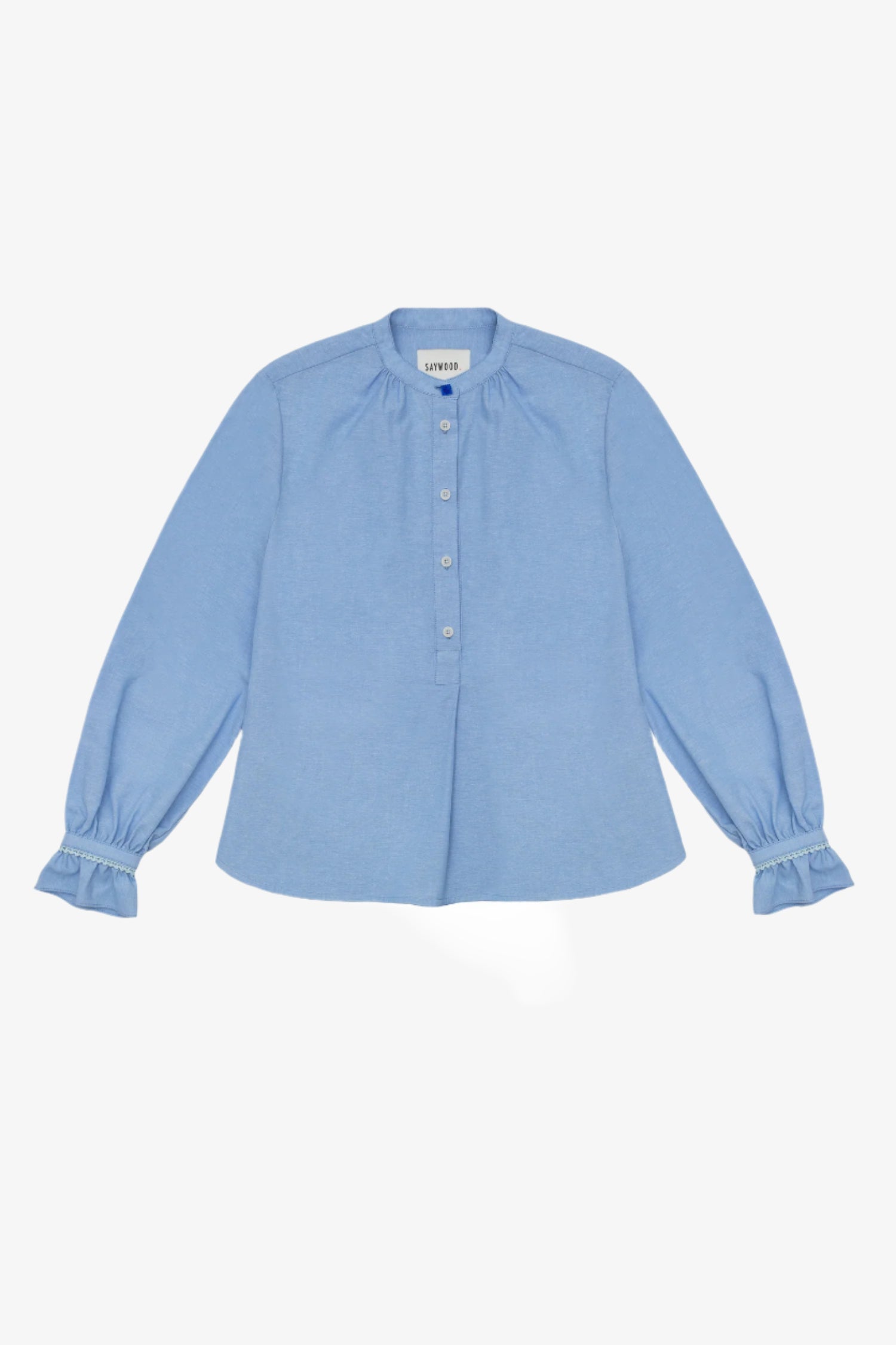 Womens Pale Blue Blouse, A-line shape with Gathered Neck and Frill cuffs. Marie Blouse by Saywood in pale blue recycled cotton. Vintage glass button at neck of the limited edition version.
