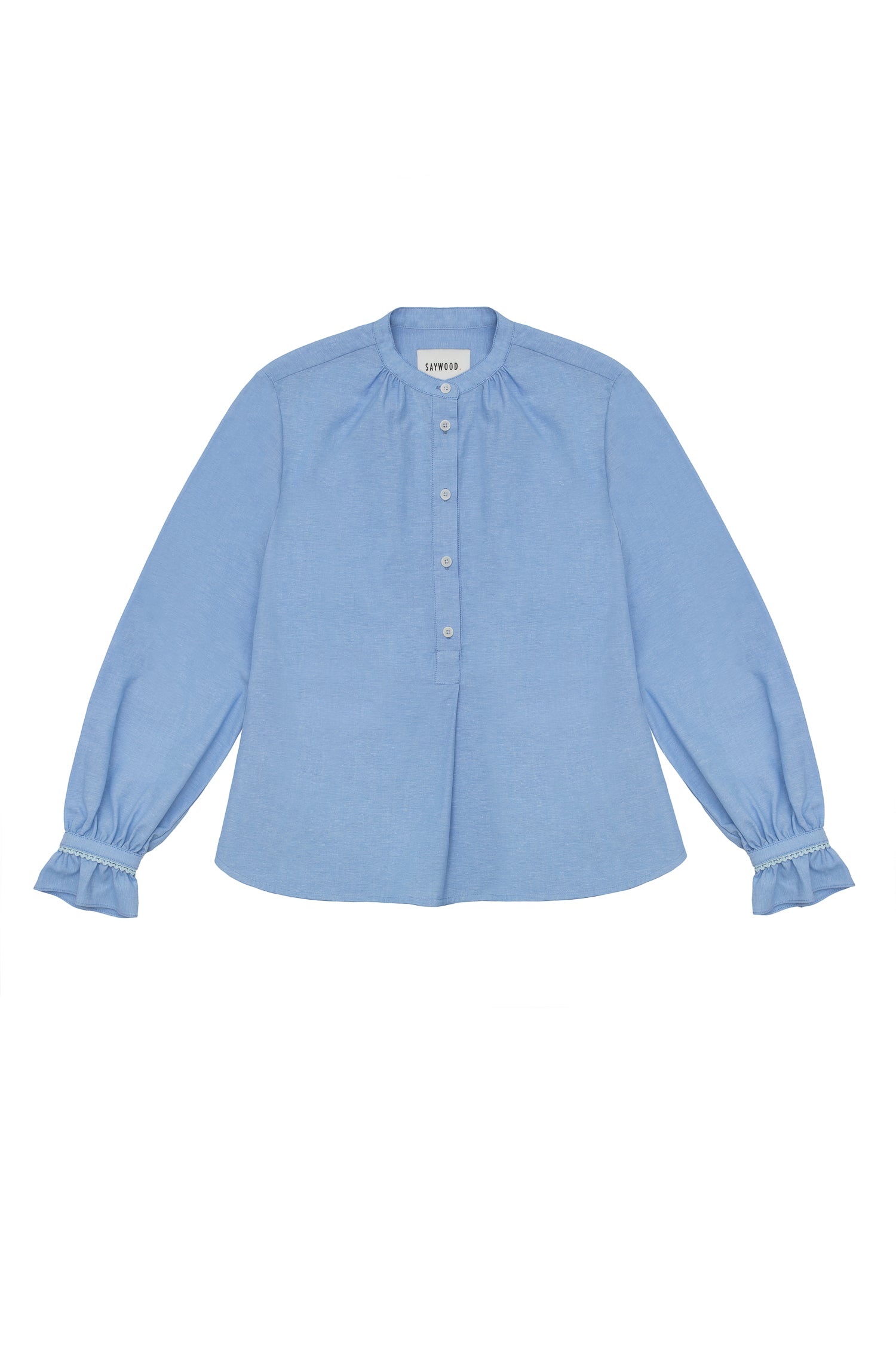 Womens Pale Blue Blouse, A-line shape with Gathered Neck and Frill cuffs. Marie Blouse by Saywood in pale blue recycled cotton