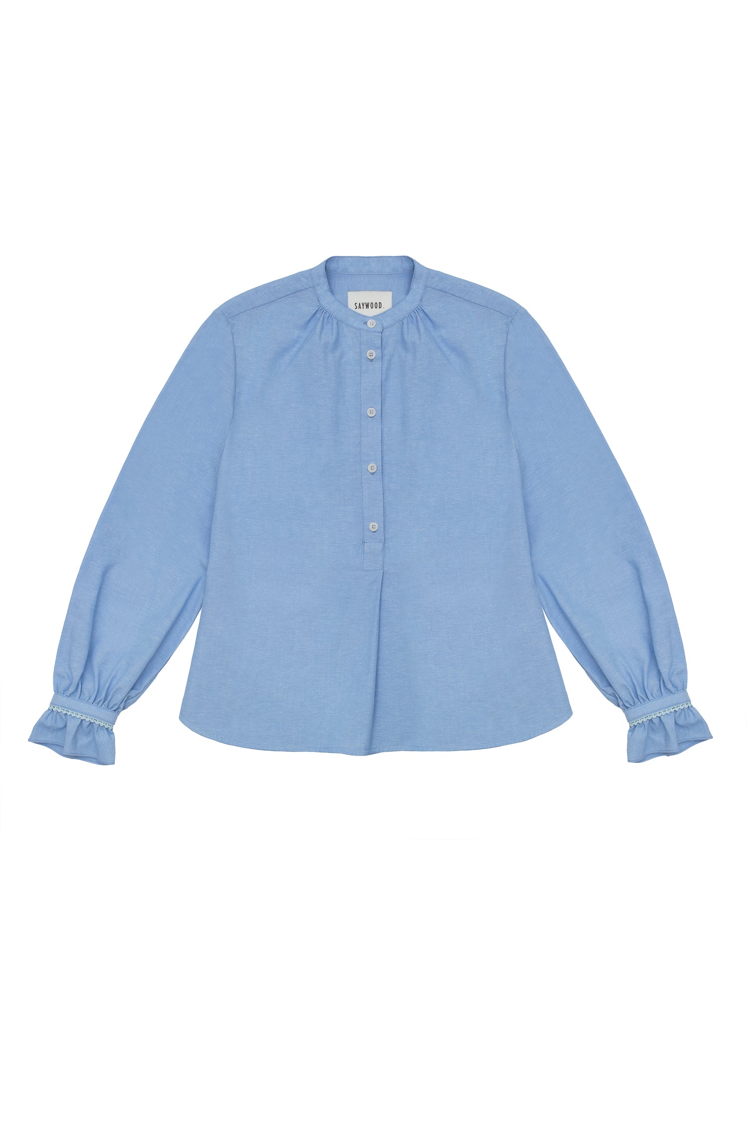 Womens Pale Blue Blouse, A-line shape with Gathered Neck and Frill cuffs. Marie Blouse by Saywood in pale blue recycled cotton. Corozo button at the neck.