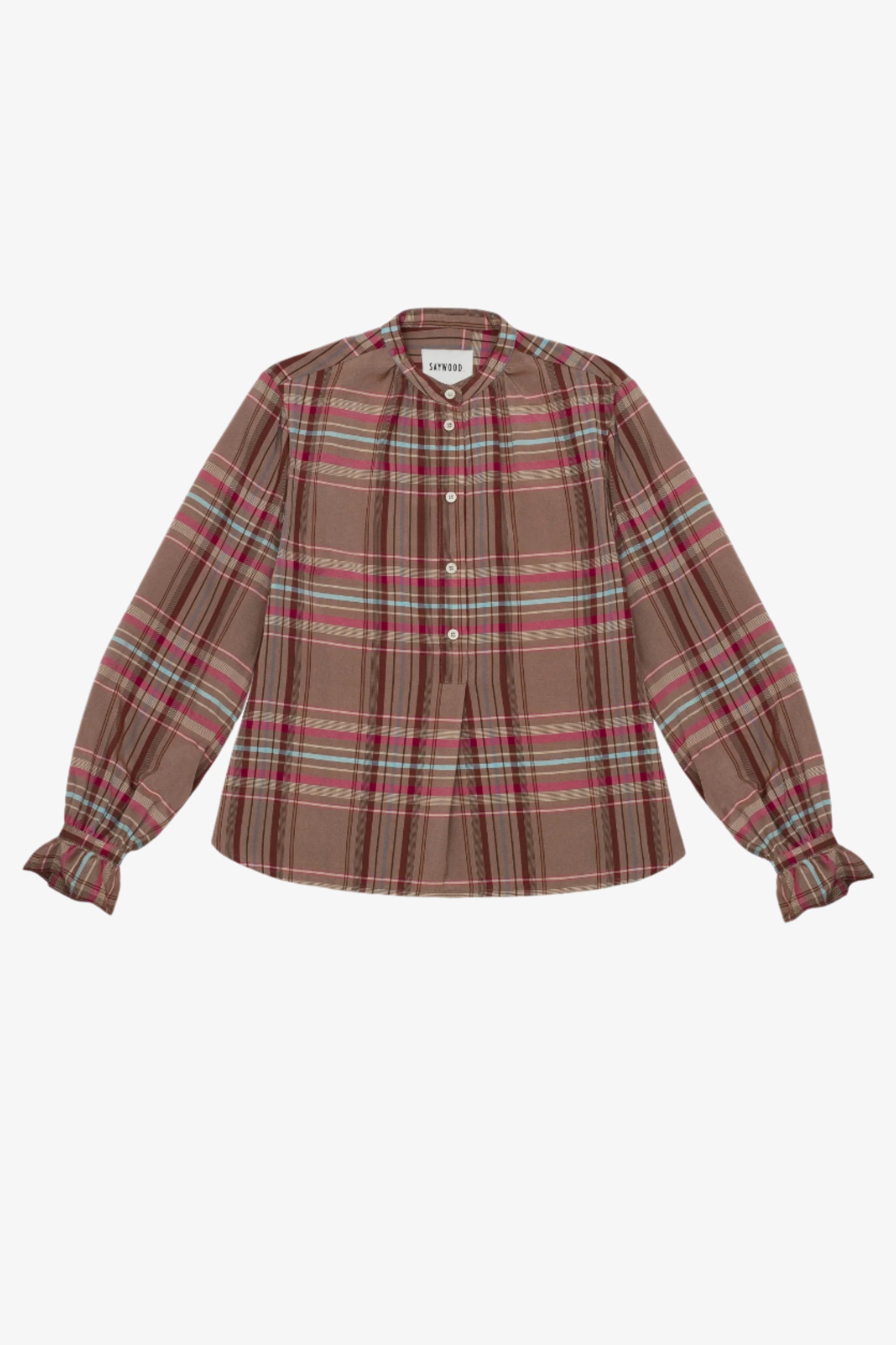 Women's pink and hazelnut check blouse. A-line shape shirt with half placket and grandad collar, with pretty gathered cuffs and gathering on the neck. Shirt is on a white background
