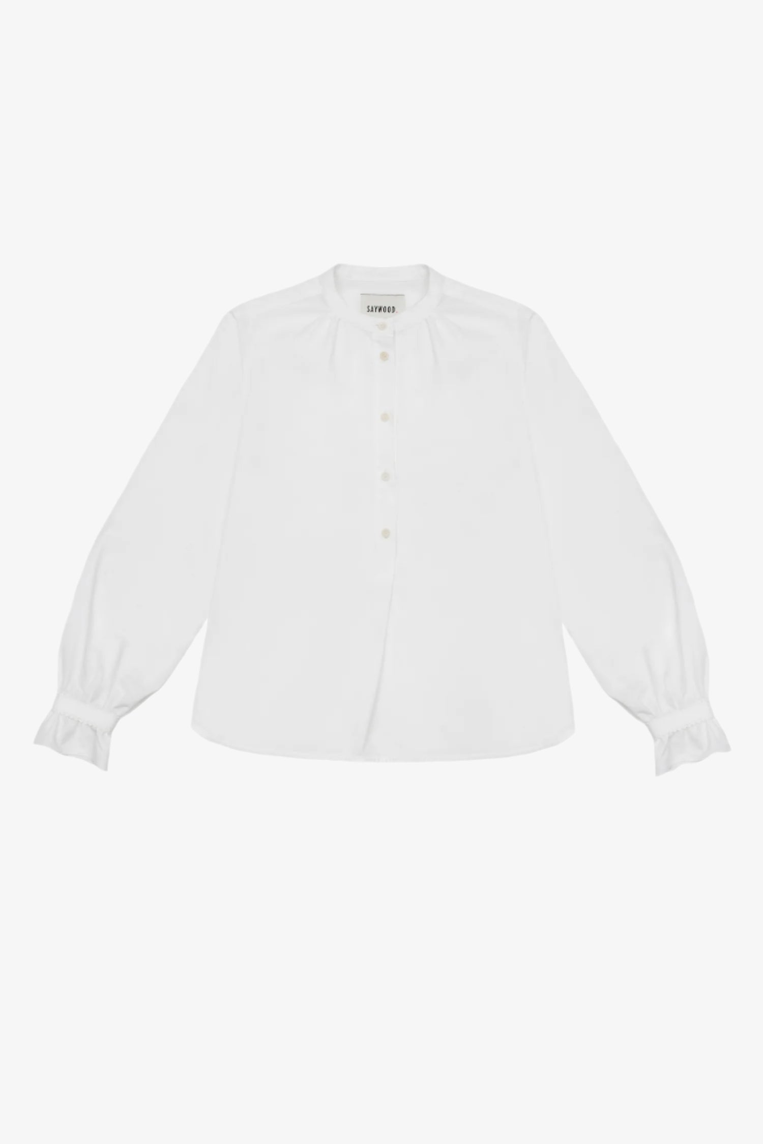 Womens White Blouse Recycled cotton. A-line silhouette with a gathered neck and frill cuffs. Marie Gather Neck Blouse by Saywood in white recycled cotton.