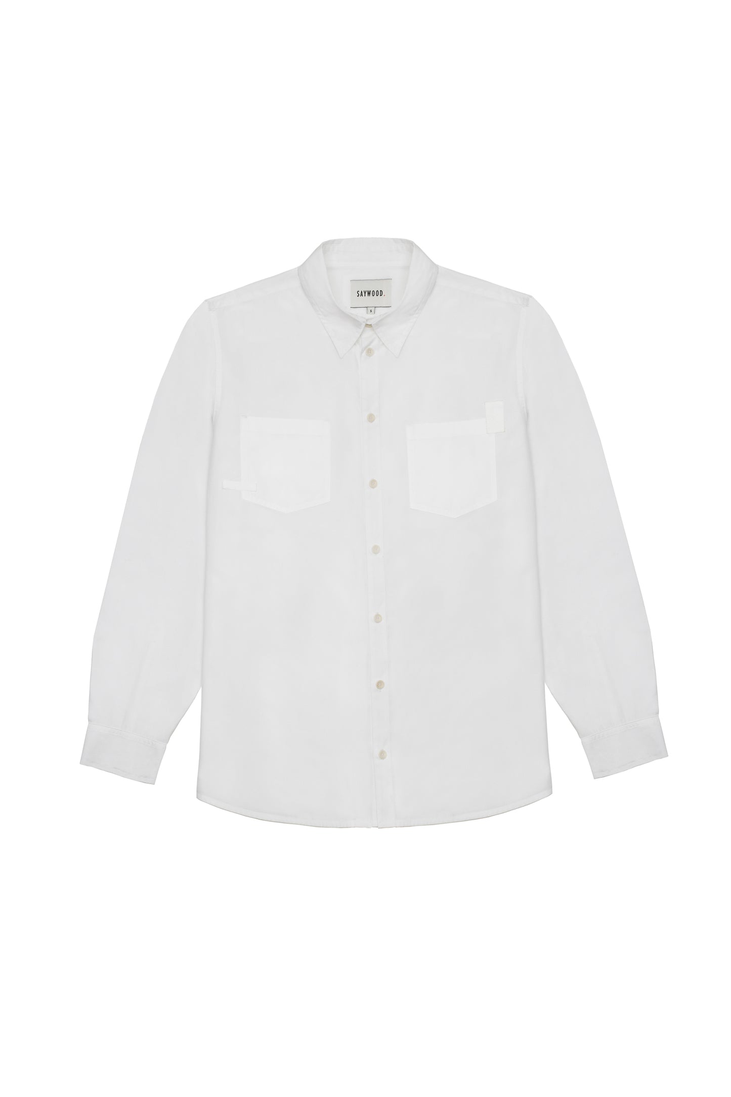 Product shot of Saywood's Eddy mens white shirt with patch pockets