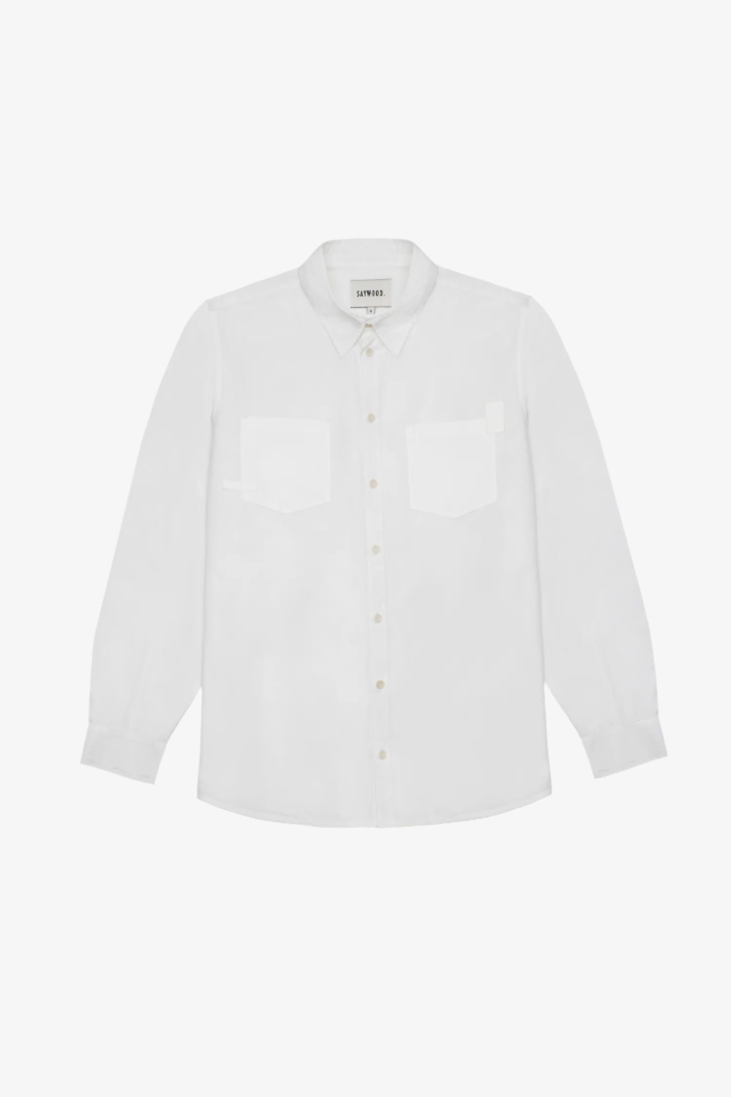 Product shot of Saywood's Eddy mens white shirt with patch pockets