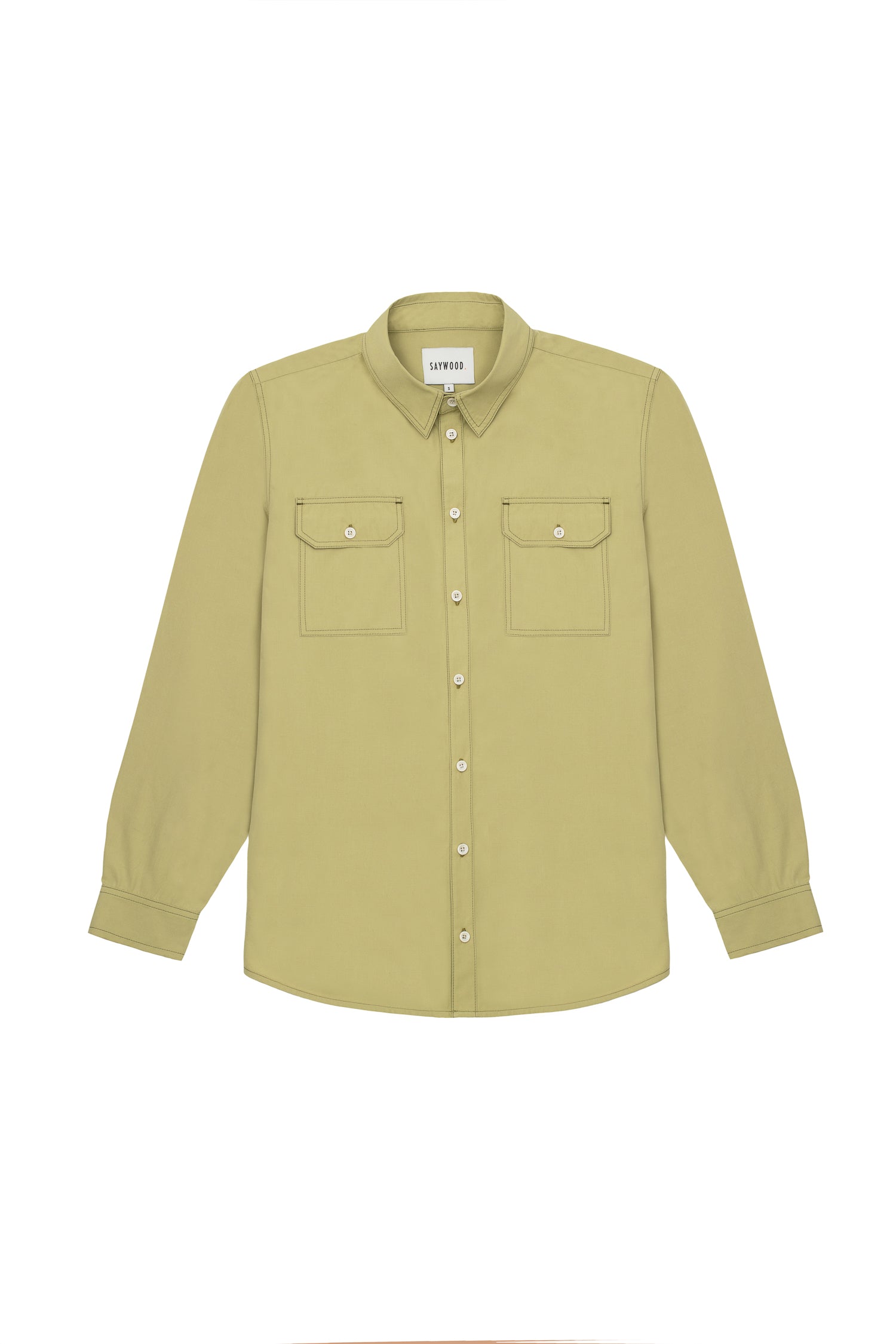 Mens Utility Shirt in olive khaki cotton. utility Patch Pocket details; the Eddy Shirt regular fit by Saywood