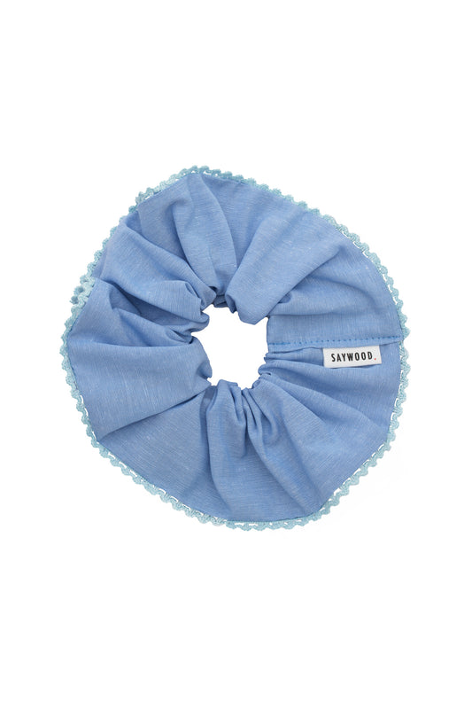Scrunchie With Lace Trim, Zero Waste, Pale Blue Recycled Cotton