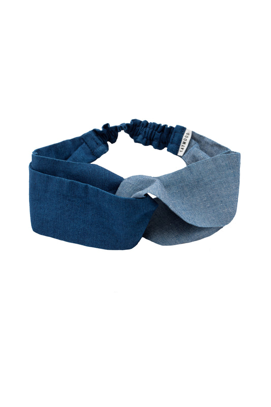 Saywood's Thandi Headband with twist effect, made from contrasting mid wash and light wash natural indigo Japanese denim.