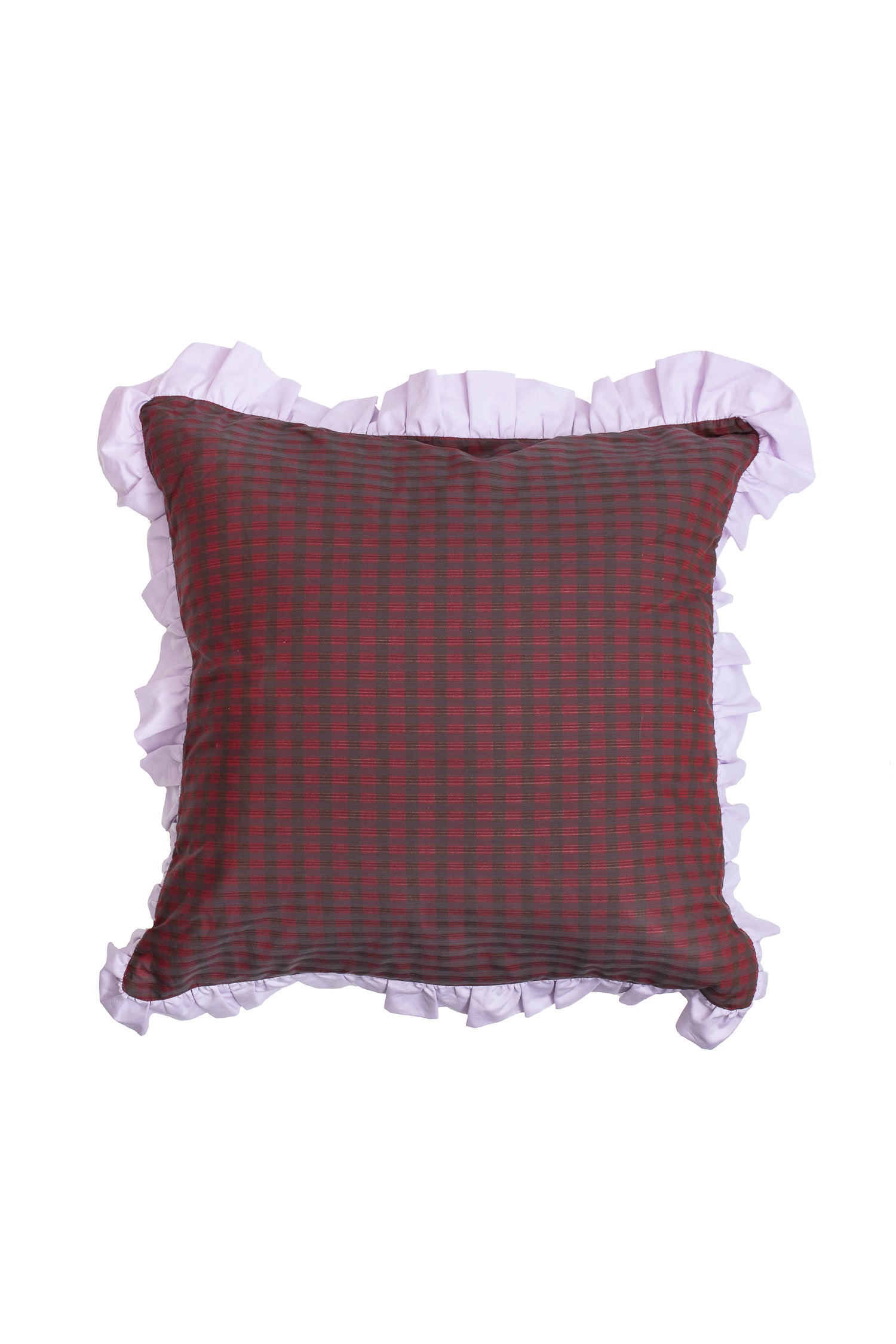 Red check square cushion with lilac ruffles, by Saywood