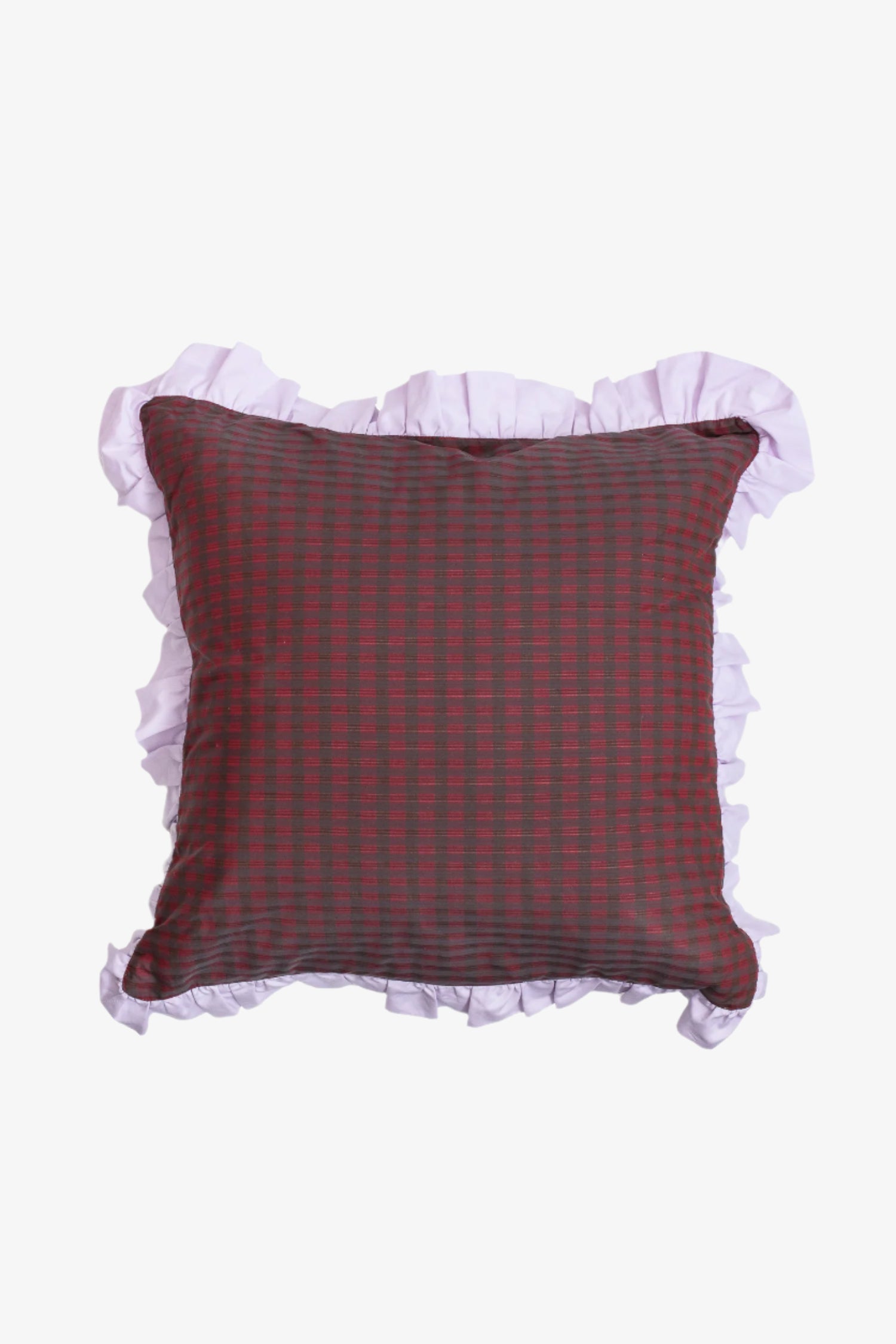 Red check square cushion with lilac ruffles, by Saywood