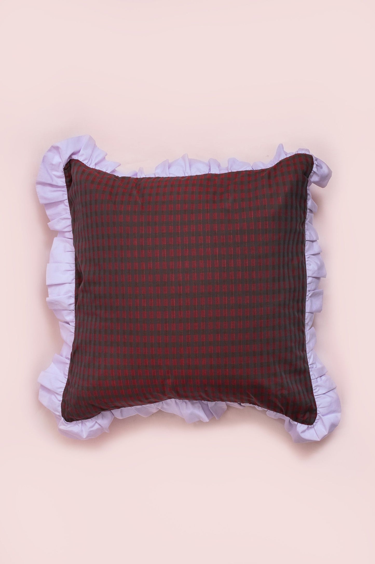 Ruffle cushion, made in red check deadstock cotton with lilac ruffle edges. Cut zero waste