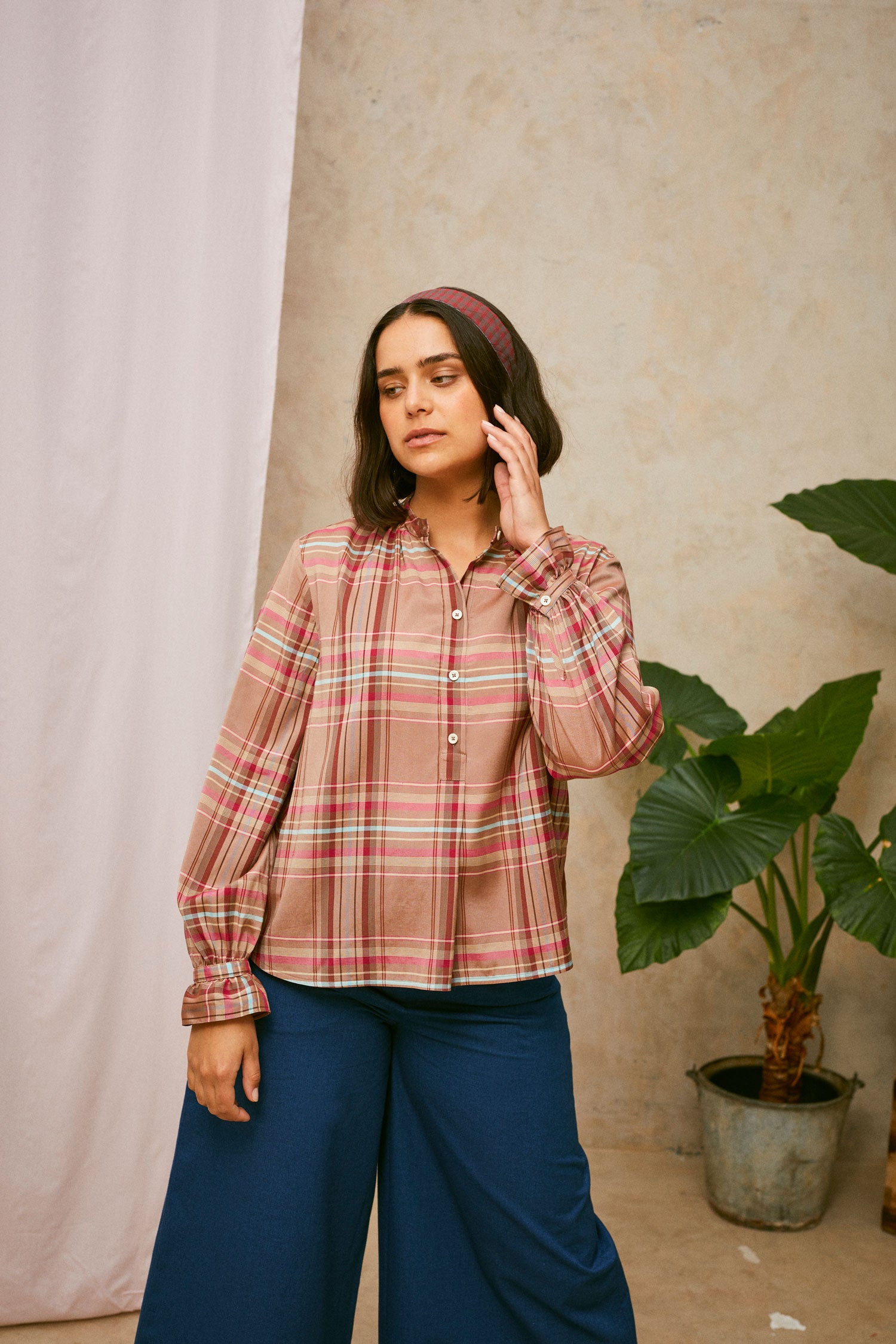 Limited Edition Marie Gather Neck A-Line Blouse, Pink Check Deadstock Cloth